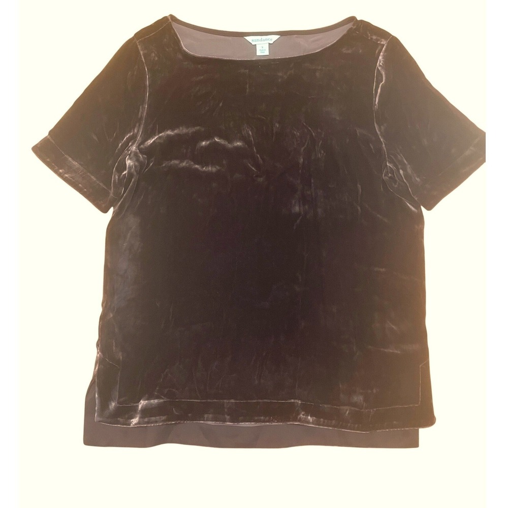 Sundance Top Brown Velvet Silk Blend Short Sleeve Layered Hem Small